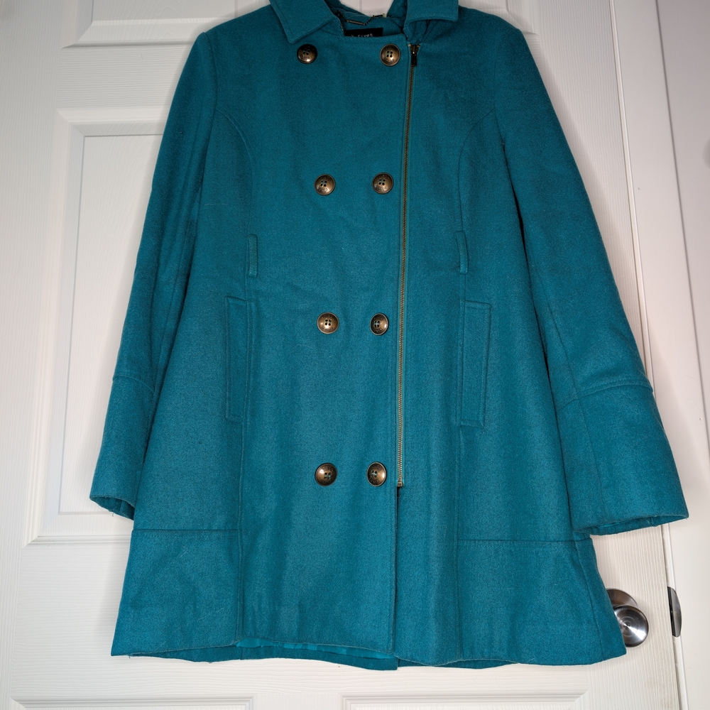 Black Rivet Turquoise Double-Breasted Pea Coat